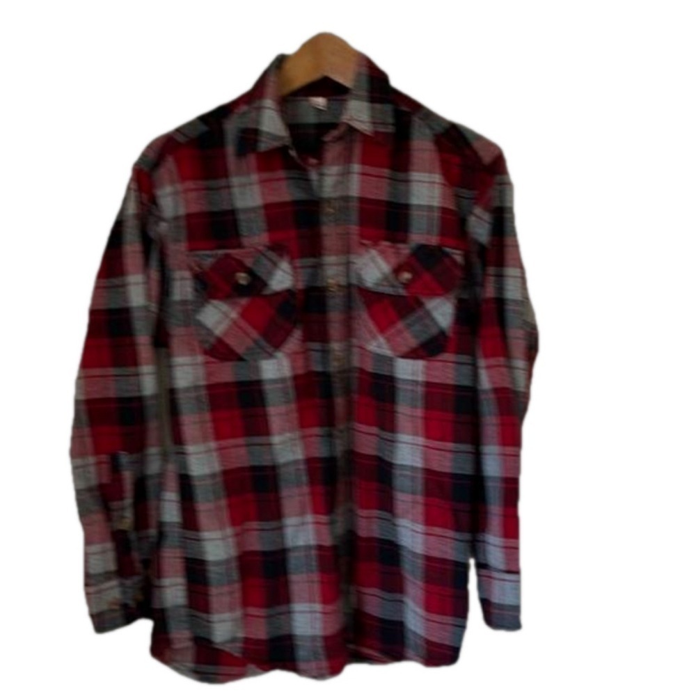 Red, Black and Grey Plaid Flannel Shirt with Chest Pockets. Size S